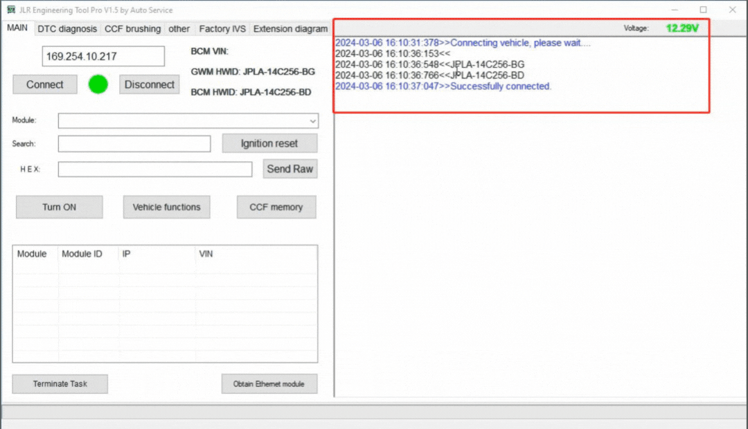 Animated GIF showing JET-Pro connecting to vehicle and browsing the module dropdown list