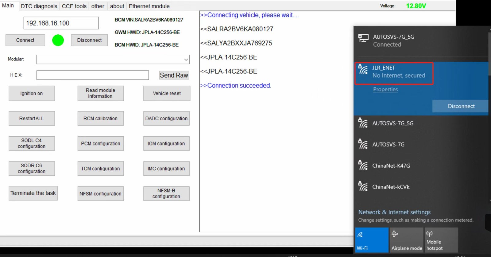 JET-Pro connected to JLR vehicle via JLR_ENET WiFi adapter — showing successful connection, VIN readout, and full module access